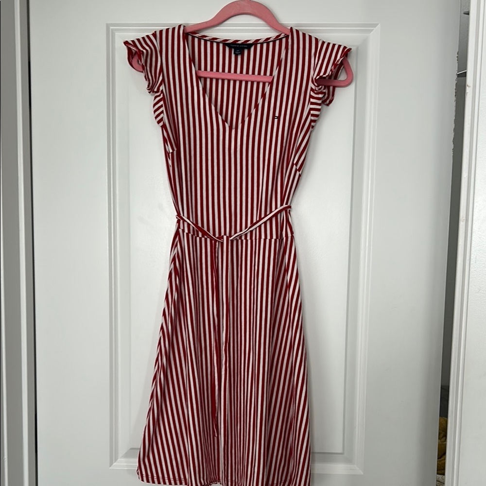 Tommy Hilfiger Red and White Flutter Sleeve Midi Dress